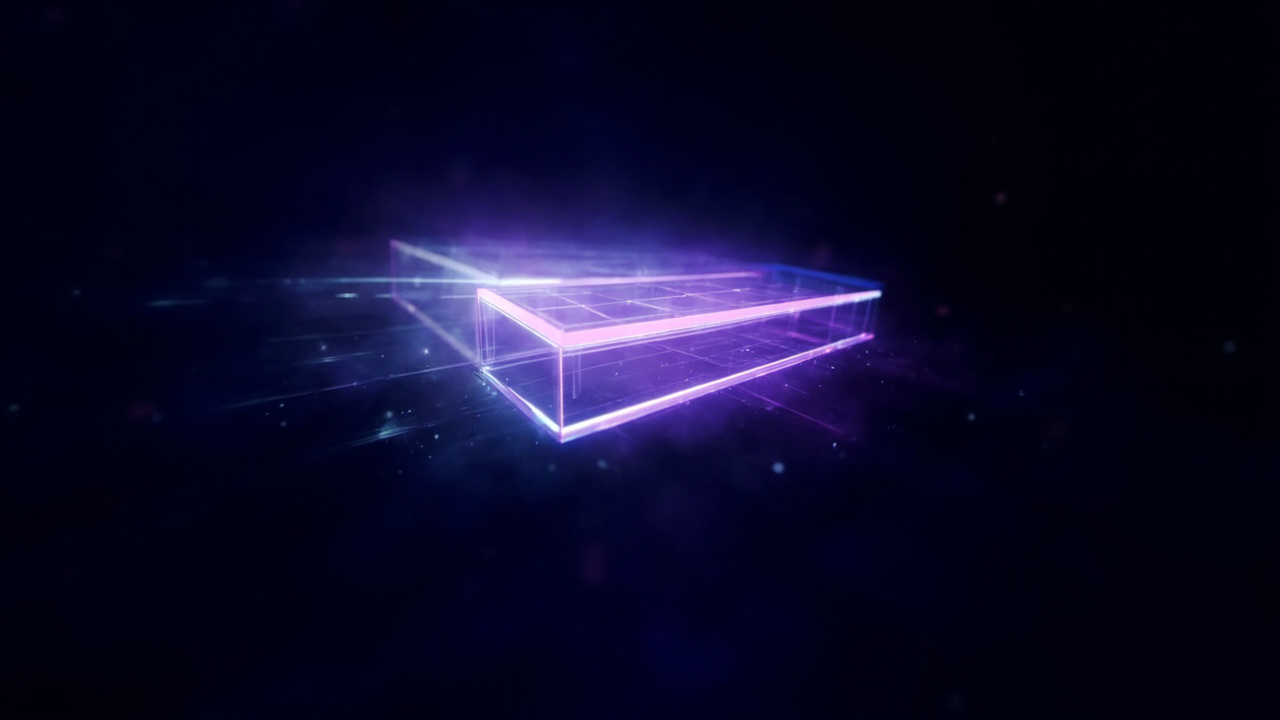 Glowing wireframe slab over a luminous grid — agent-native motion graphics
